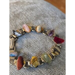 Precious Stone Goldtone Bracelet Agate Jasper Tiger's Eye Vintage Small
